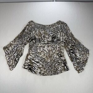 VTG Cache Silk Metallic Animal Print Top Sz L Beaded 90s Y2K  Blouse Bell Sleeve